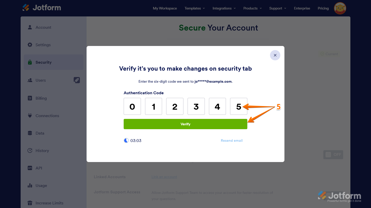 Authentication Code and Verify butto in the Verification Dialog window in Security tab of the Jotform Account Settings page