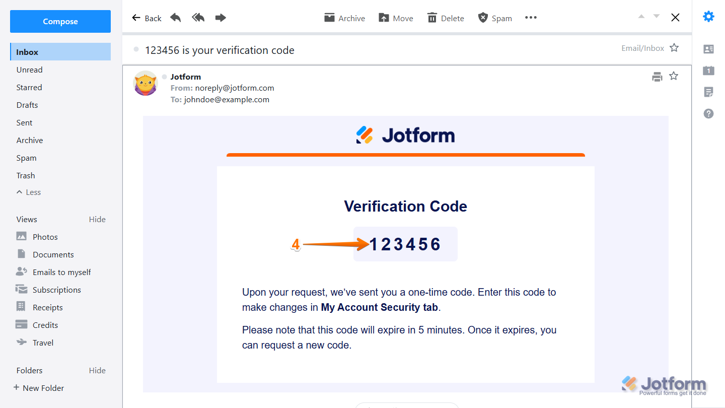 Verification code sent to the account email address