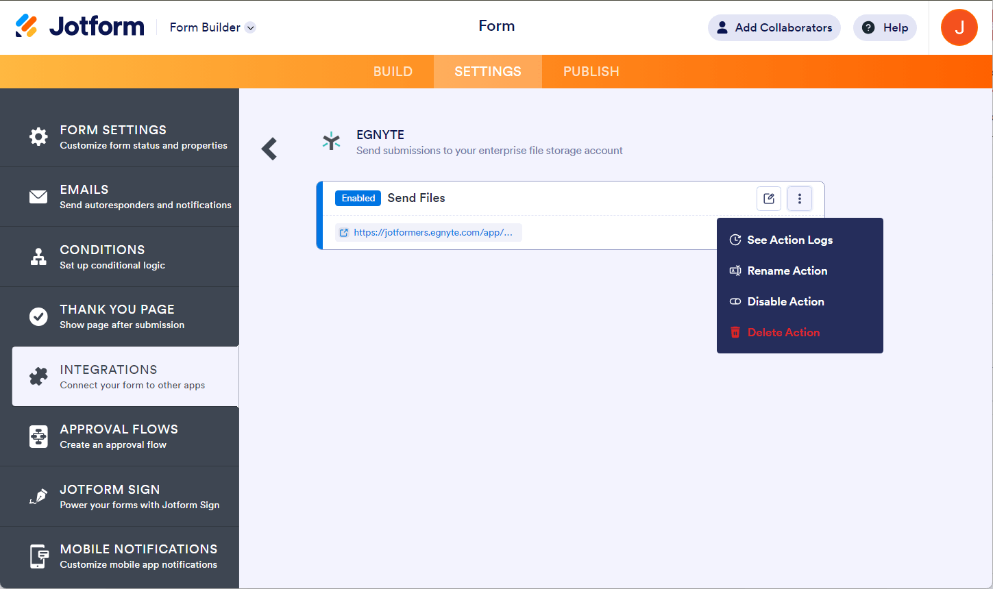 Opciones de acción en la configuración de integración de Egnyte
