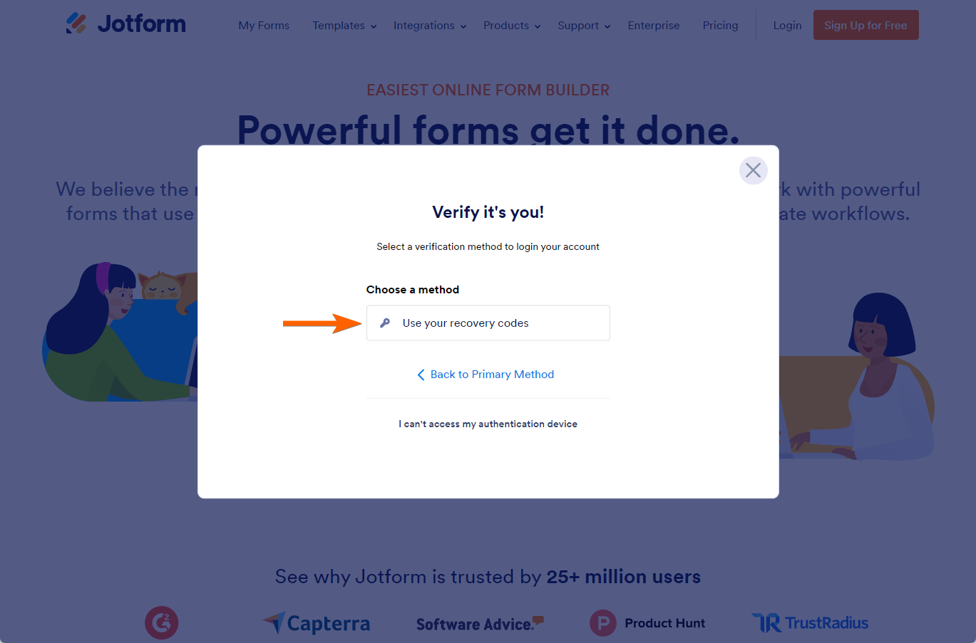 User your recovery codes option in Jotform's other login methods