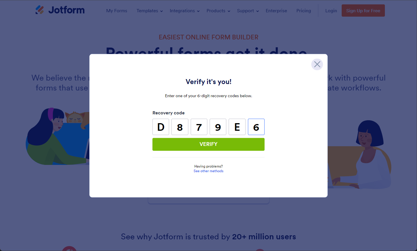 Recovery Code box in Jotform's login window for 2FA verification
