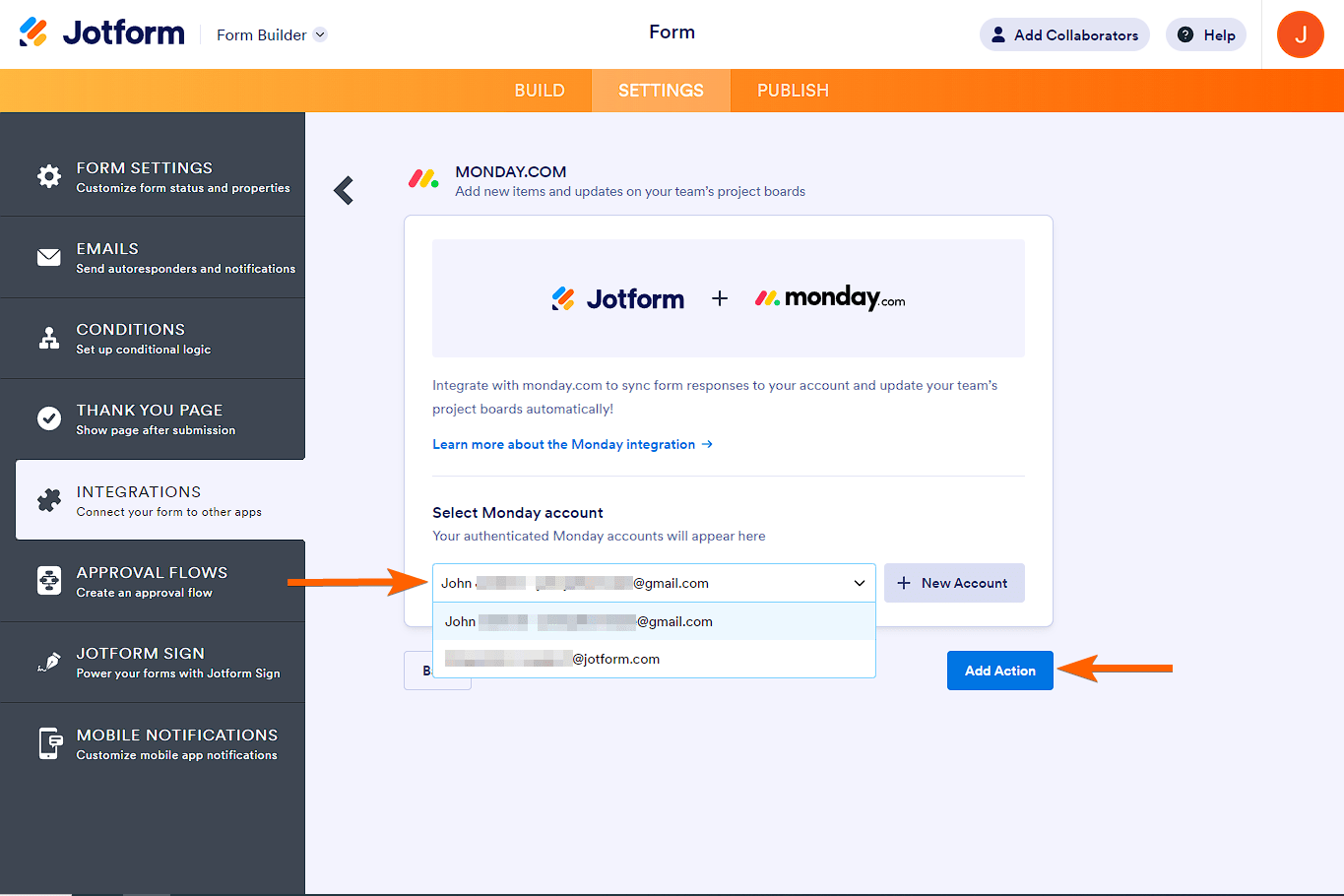 Account selector, New Account button, and Add Action button in monday