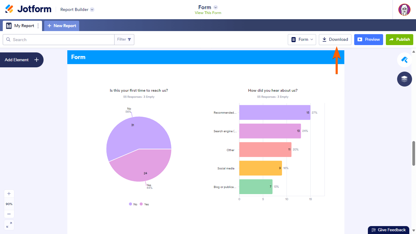 El botón de descarga en Jotform Report Builder