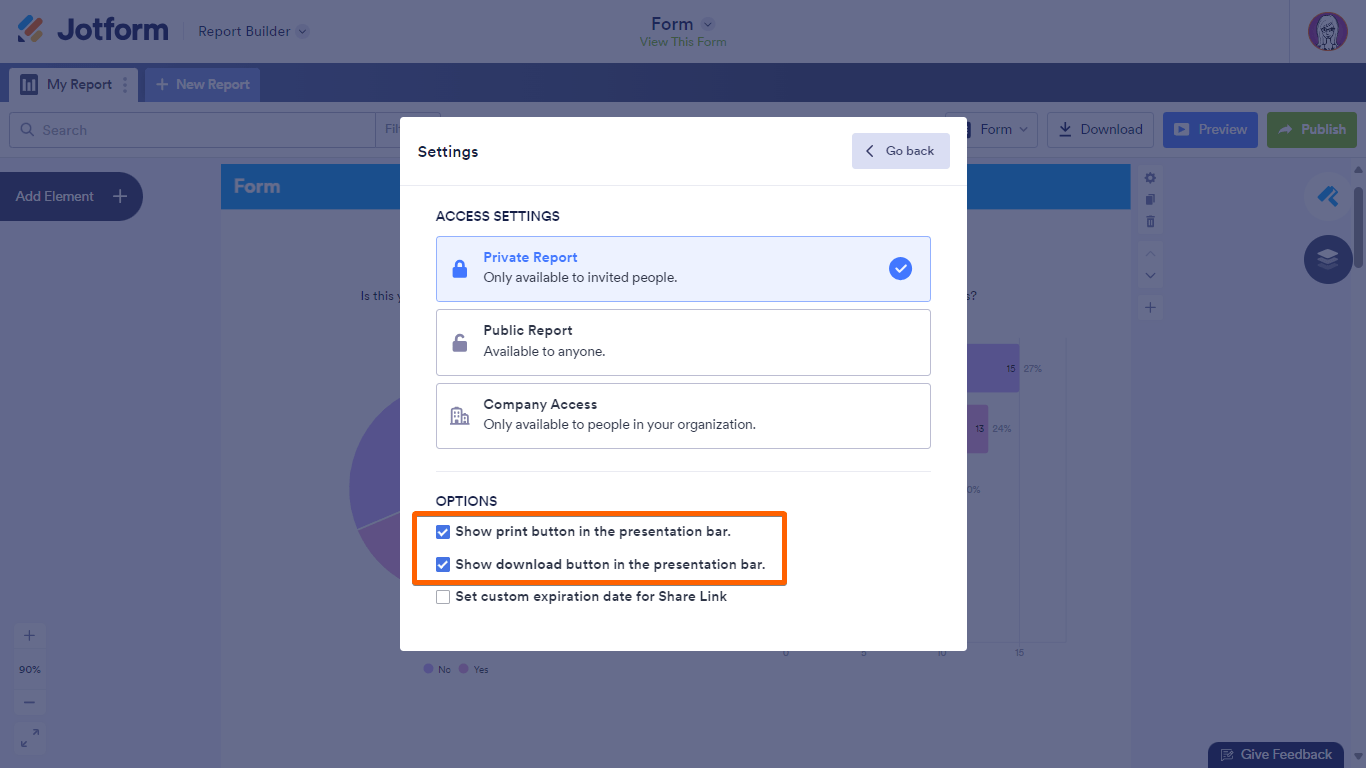 Las opciones de impresión y descarga en Jotform Report Builder