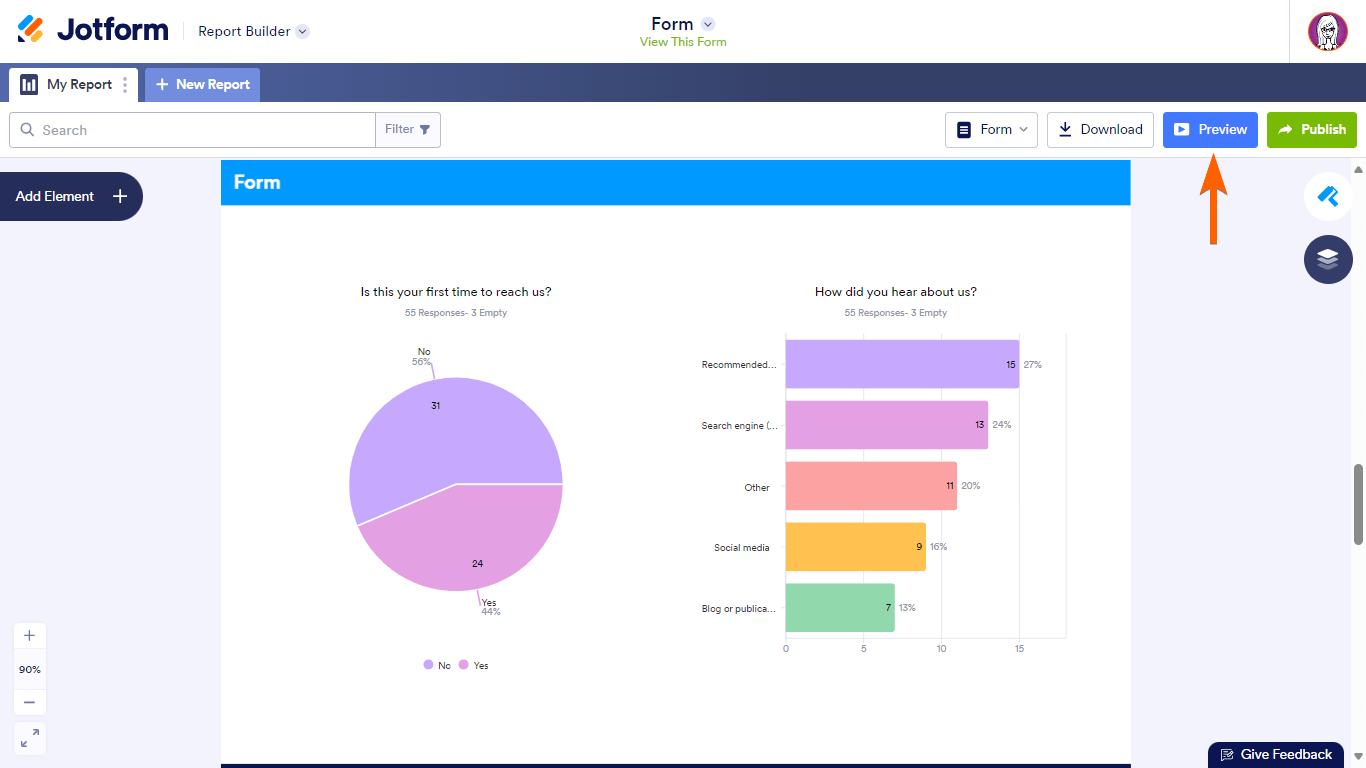 El botón de vista previa en Jotform Report Builder