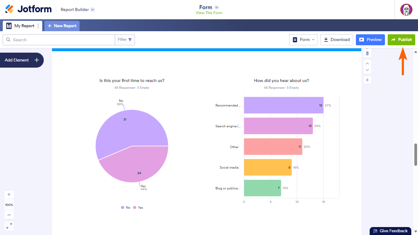El botón Publicar en Jotform Report Builder