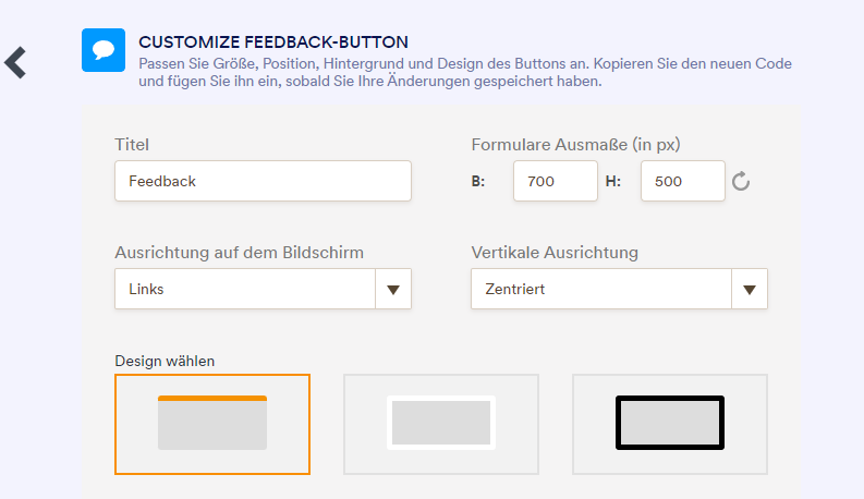 Screenshot der Optionen zum Anpassen des Stils der Feedback-Schaltfläche