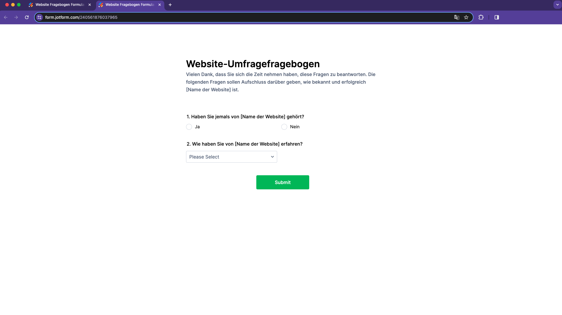 Screenshot der Umfrage zur Mitarbeiterzufriedenheit, wenn die Vorschaufunktion von Popup ausgewählt ist
