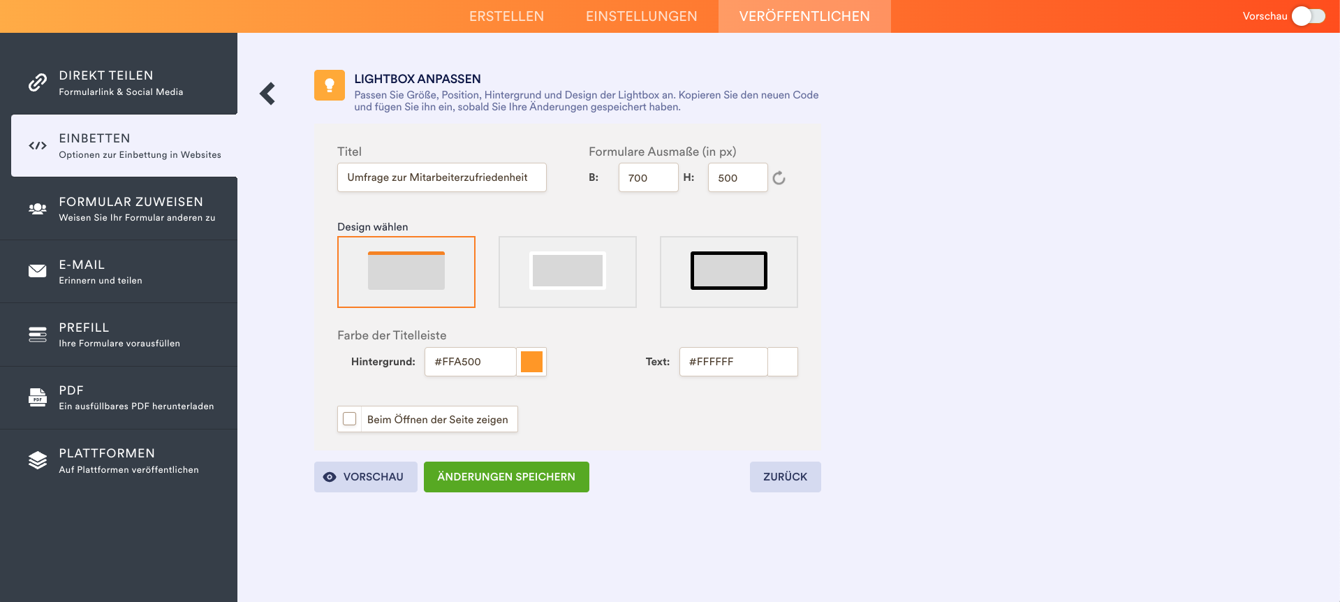 Screenshot der Optionen zum Anpassen des Lightbox-Stils 