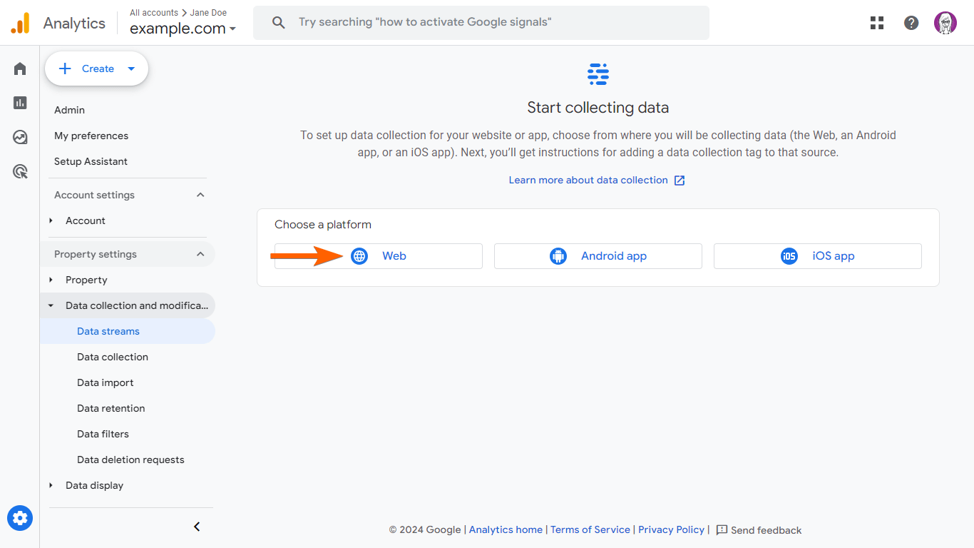 The Web Data Streams option in Google Analytics
