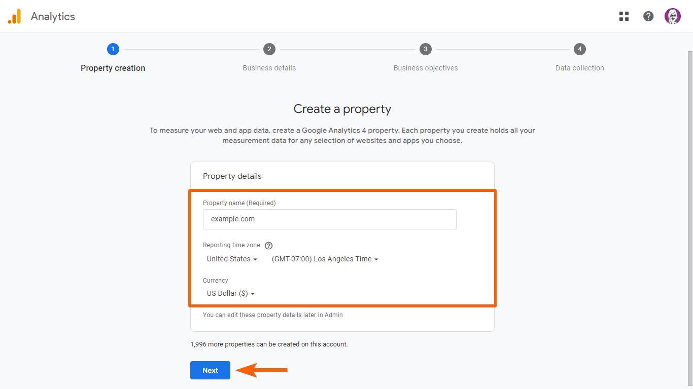 Property details in Google Analytics