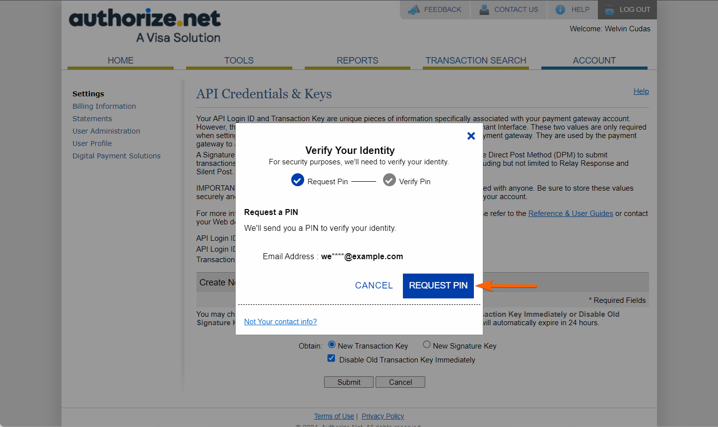 PIN-Anforderung in den API-Anmeldeinformationen-Einstellungen von Authorize