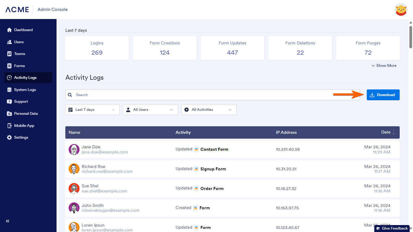 The download activity logs button in Jotform Enterprise Admin Console