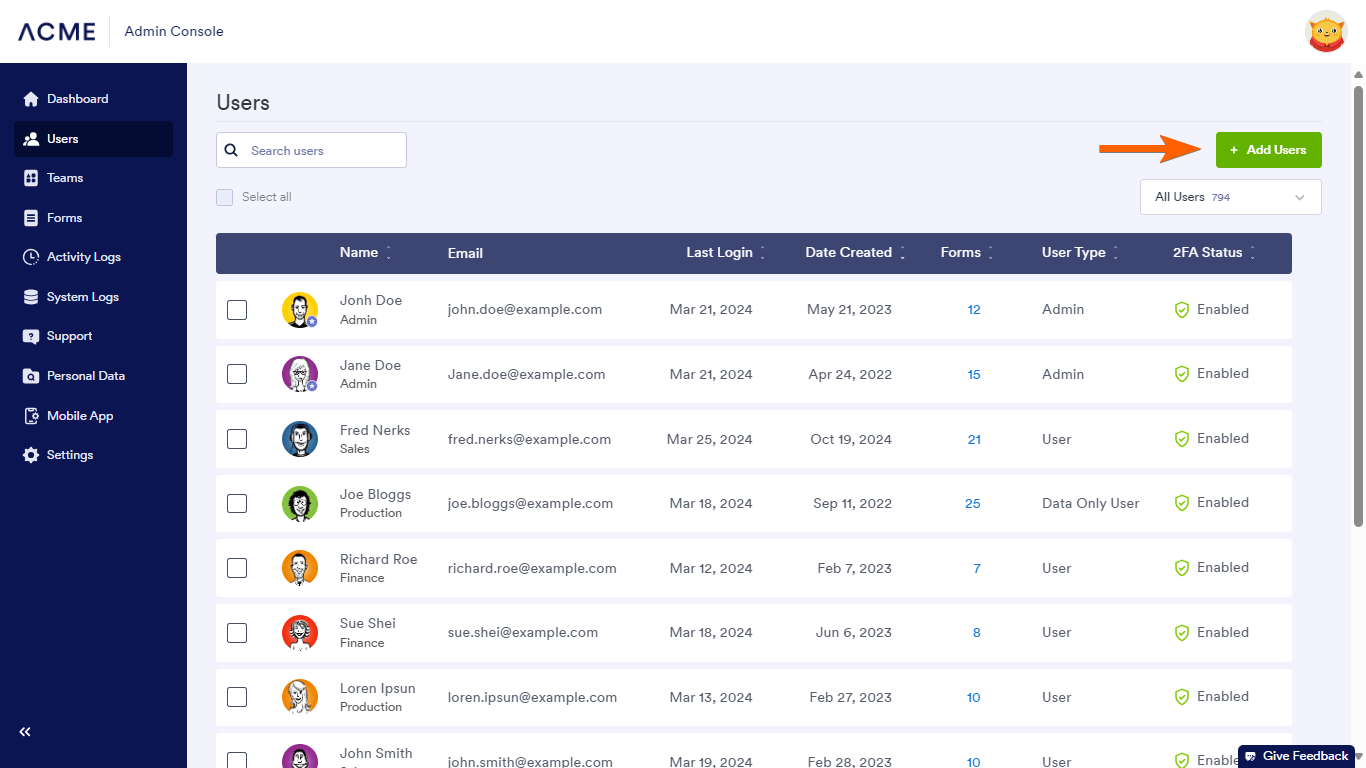 The Add Users button in Jotform Enterprise Admin Console