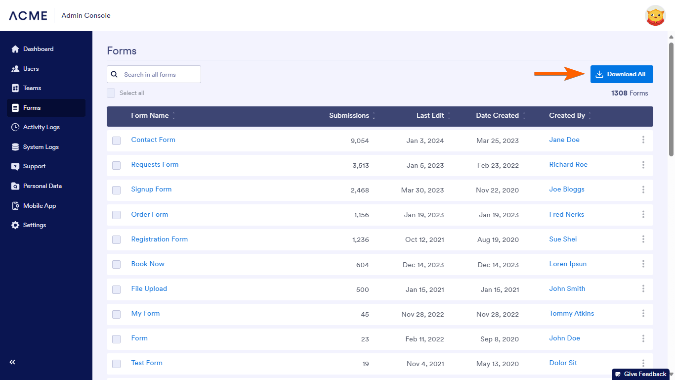The download form list button in Jotform Enterprise Admin Console