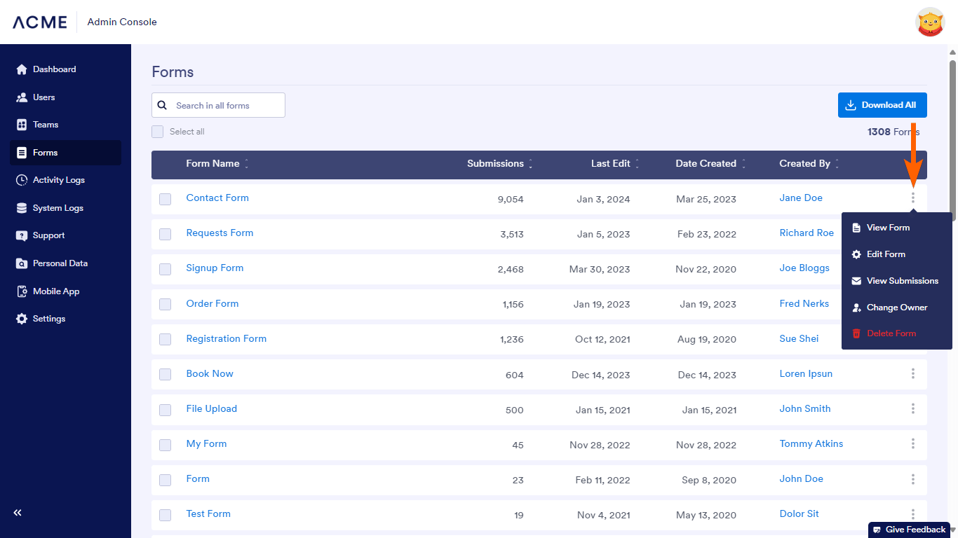 The Form menu in Jotform Enterprise Admin Console