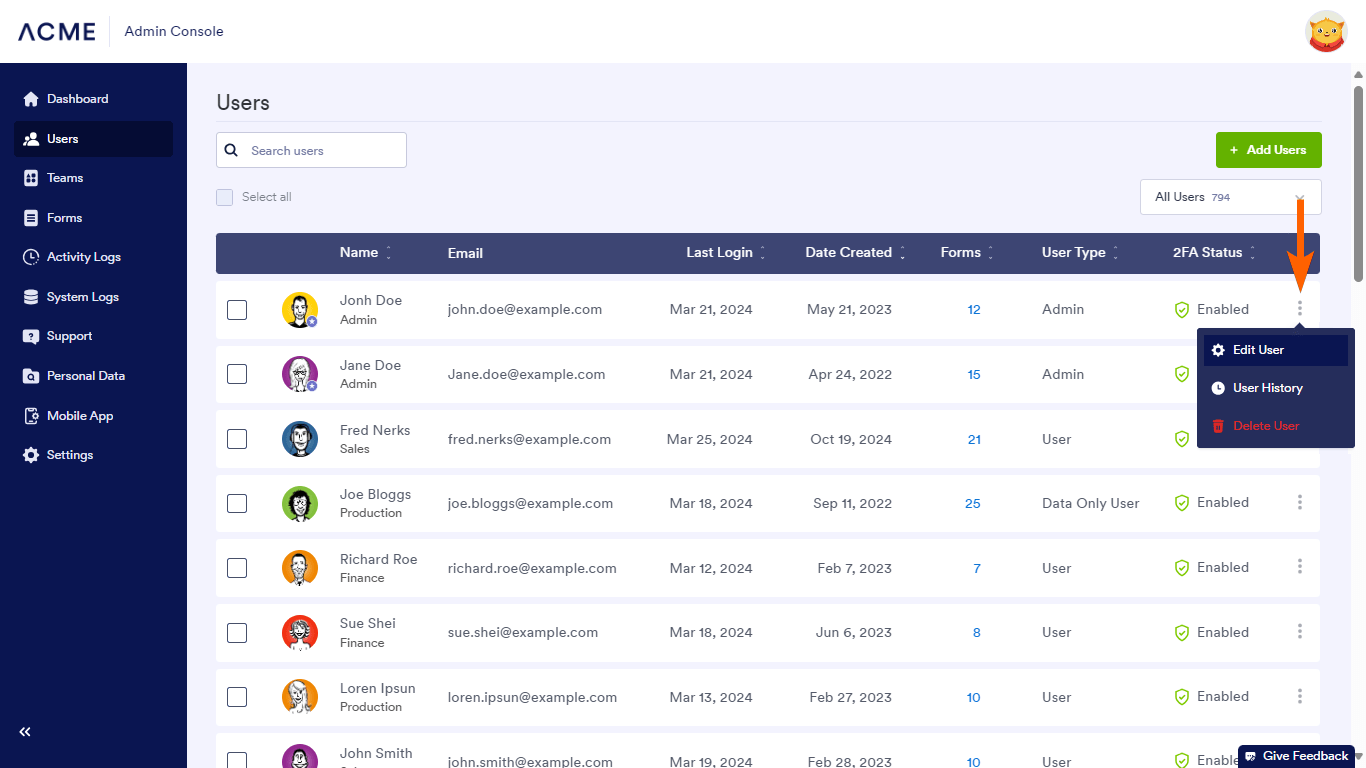 The user menu in Jotform Enterprise Admin Console