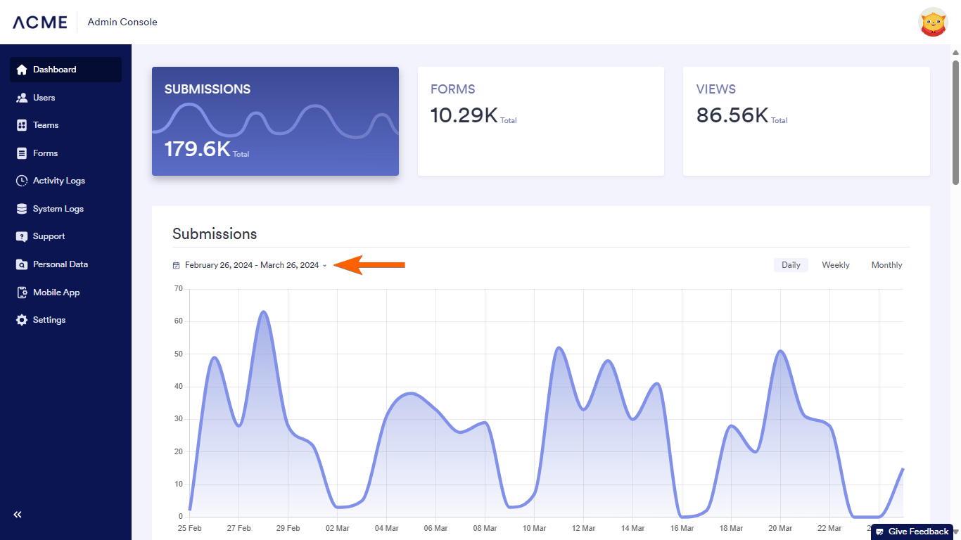 The Admin Console dashboard date filter in Jotform Enterprise