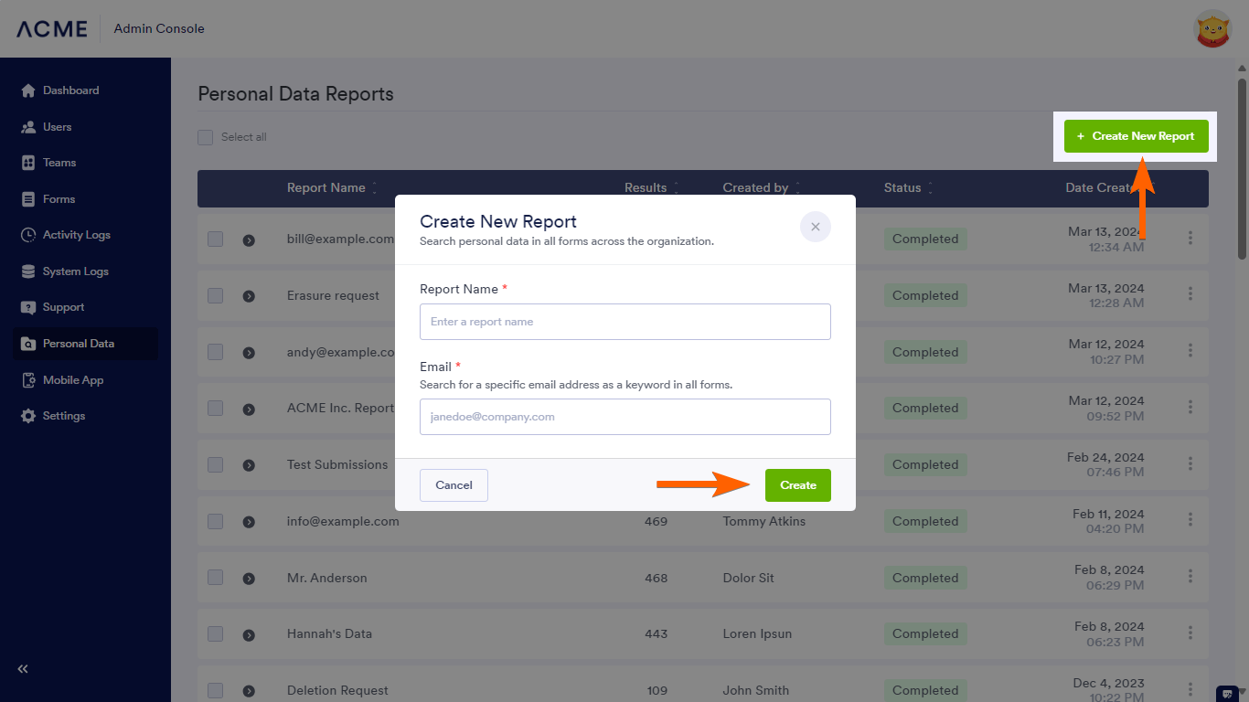 Steps to create a new Personal Data report in Jotform Enterprise Admin Console