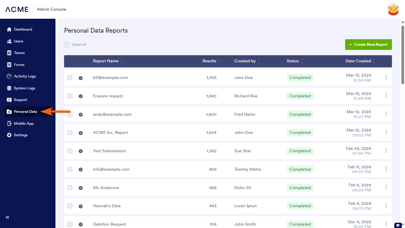 The Personal Data tab in Jotform Enterprise Admin Console