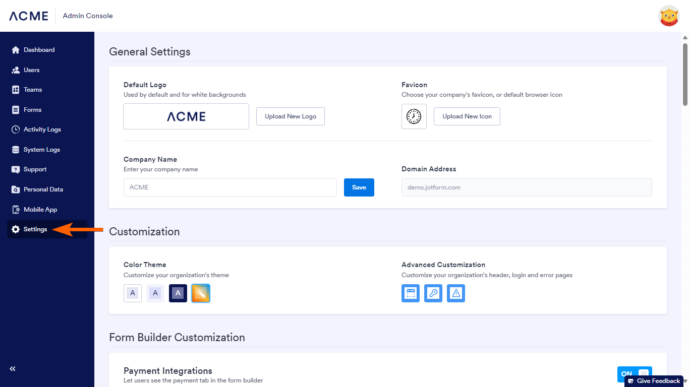 The Settings tab in Jotform Enterprise Admin Console