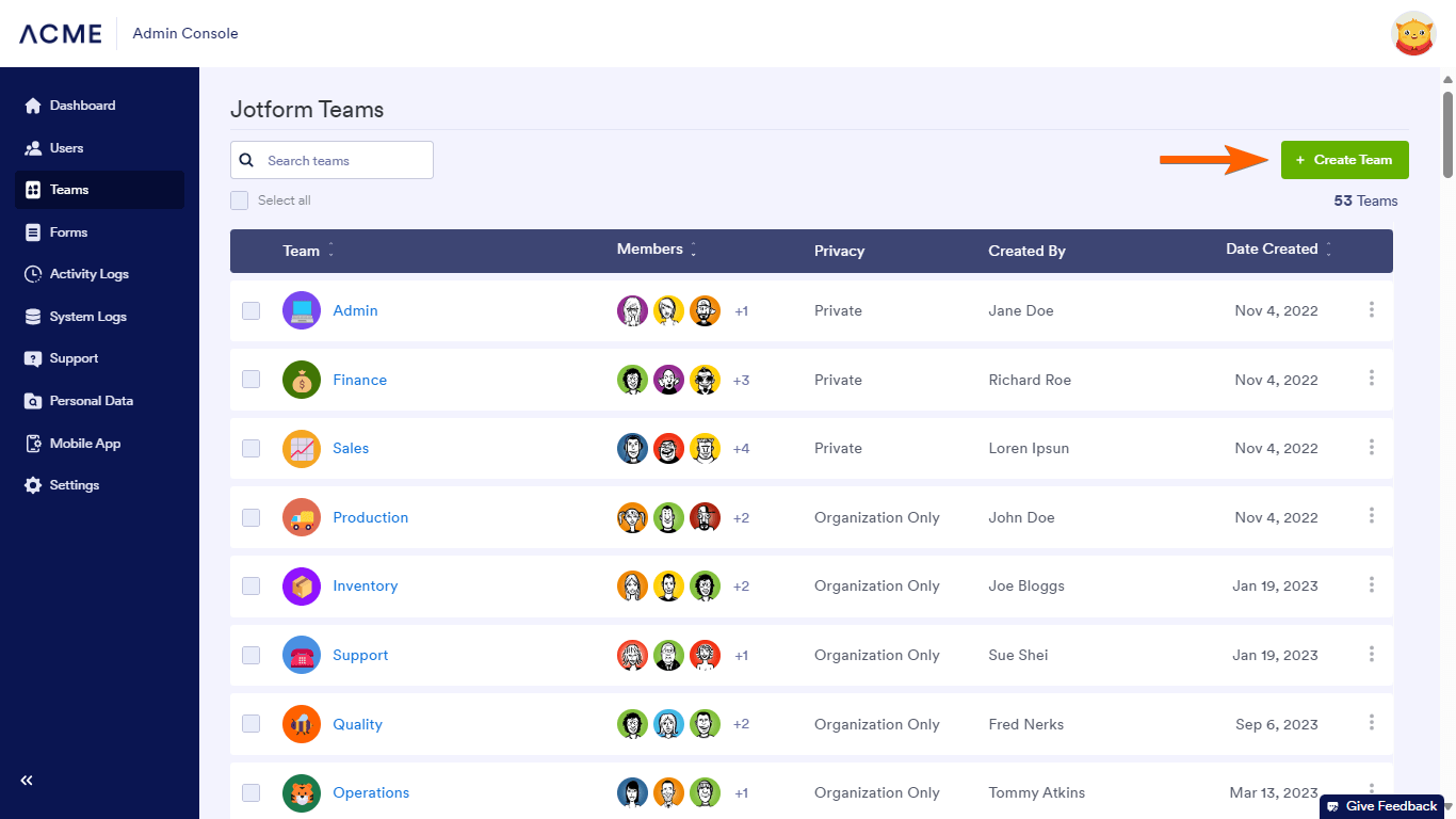 The Create Team button in Jotform Enterprise Admin Console