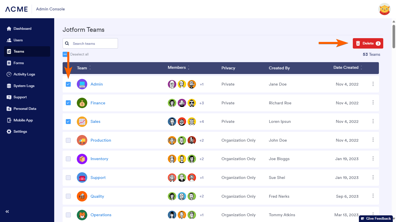 Steps to delete teams in Jotform Enterprise Admin Console
