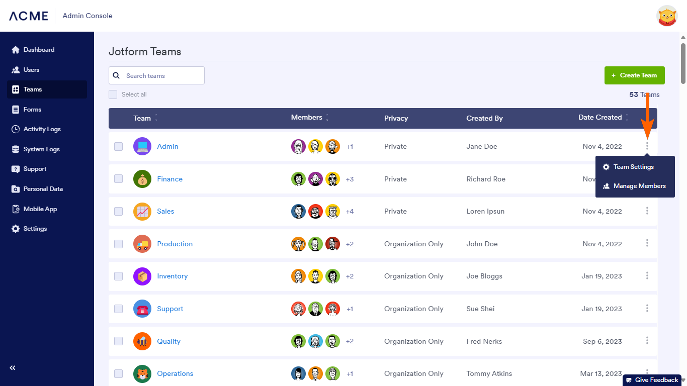 The Team menu in Jotform Enterprise Admin Console