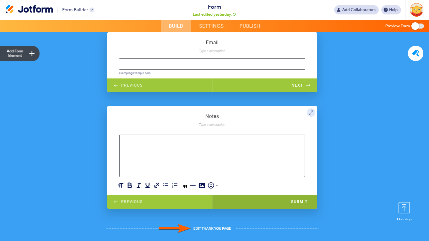 El enlace Editar página de bienvenida en Jotform Card