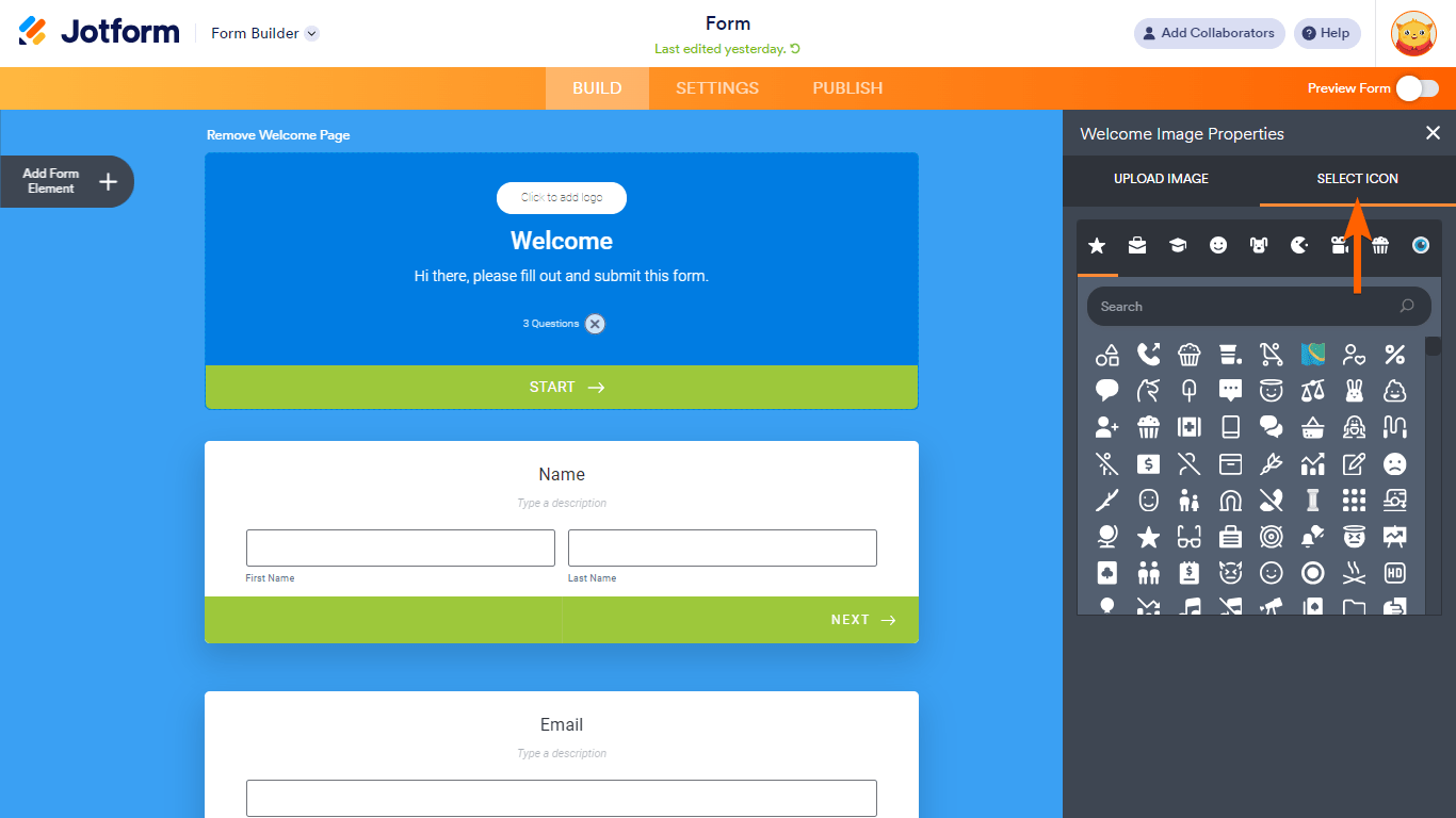 La pestaña Seleccionar Icono en la página de bienvenida de Jotform Cards