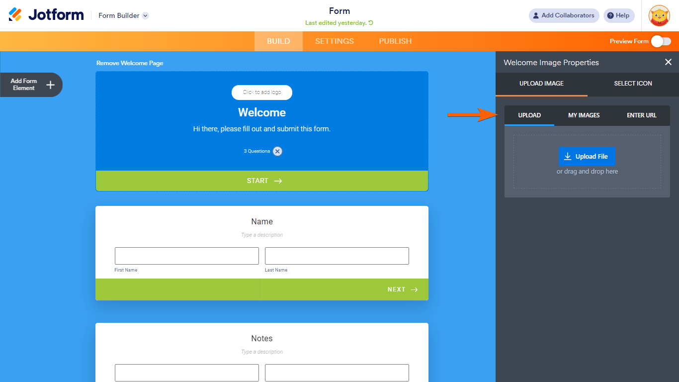 Las opciones de fuente de imagen del logotipo en Jotform Cards