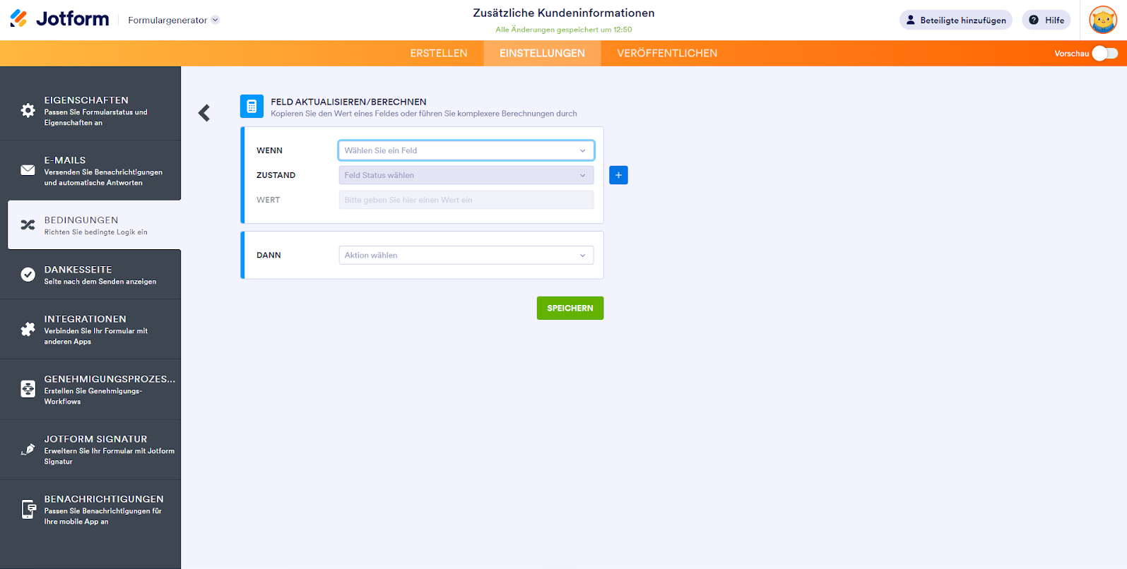 Jotform Formular Generator Einrichten der Feldbedingung Aktualisieren/Berechnen
