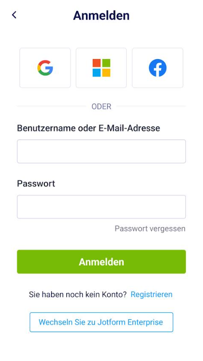Ein Screenshot von einem Handy mit einer Anmeldeseite mit mehreren Anmeldeoptionen und Feldern für Benutzernamen oder E-Mail und Passwort