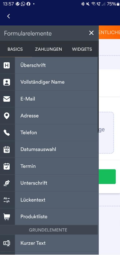 Ein Bildschirmausschnitt eines Handys mit dem Formulargenerator, der ein Menü mit Formularelementen wie Überschrift, vollständiger Name, E-Mail, Adresse und andere zur Erstellung zeigt