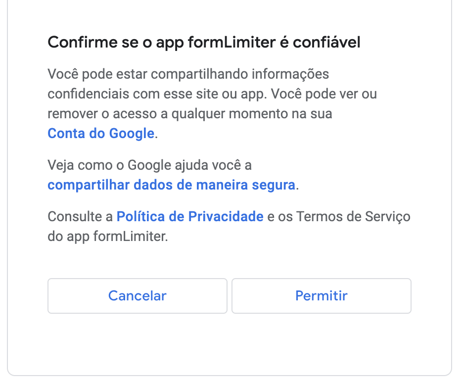 Captura de ecrã de um pop-up de notificação a pedir a confiança do utilizador para o suplemento formLimiter