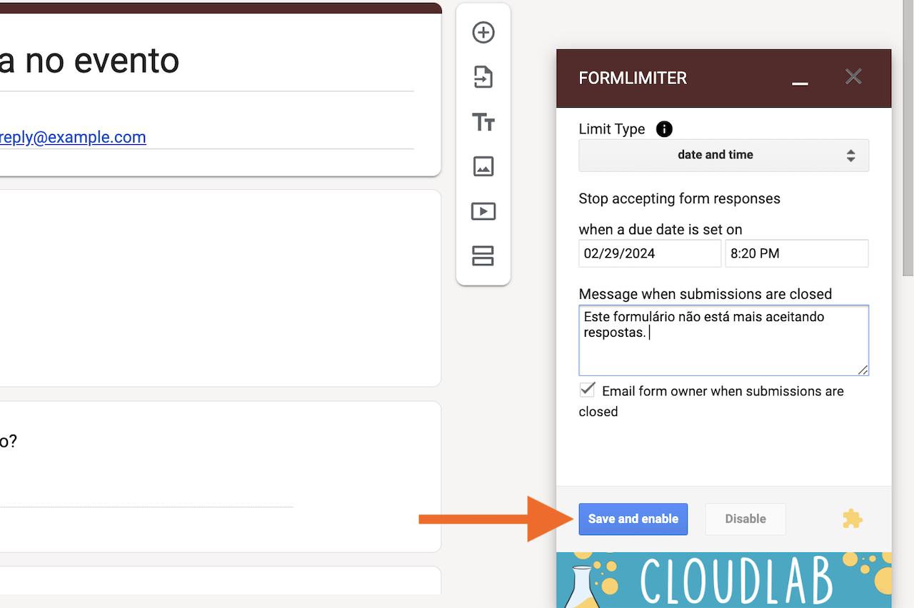 Imagem da interface do formLimiter que destaca um campo para introduzir uma mensagem personalizada e clicar em "Save and Enable"