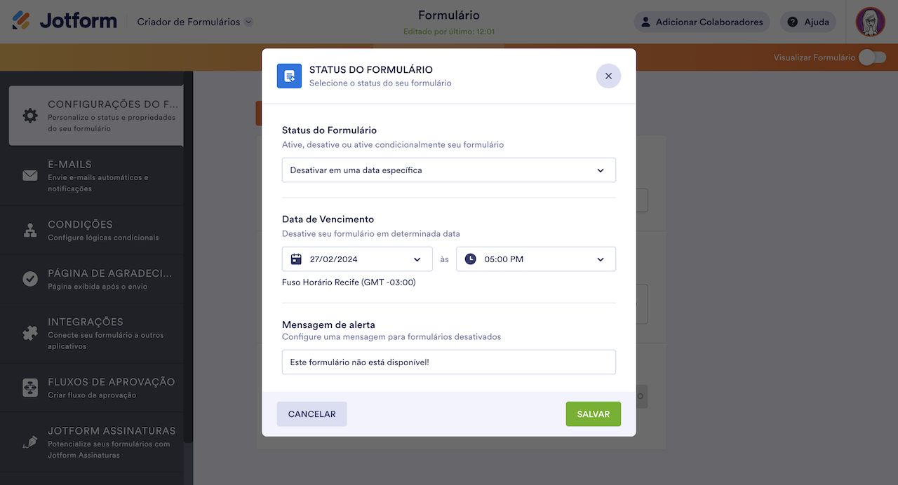 Funcionalidade de limite de tempo do Jotform