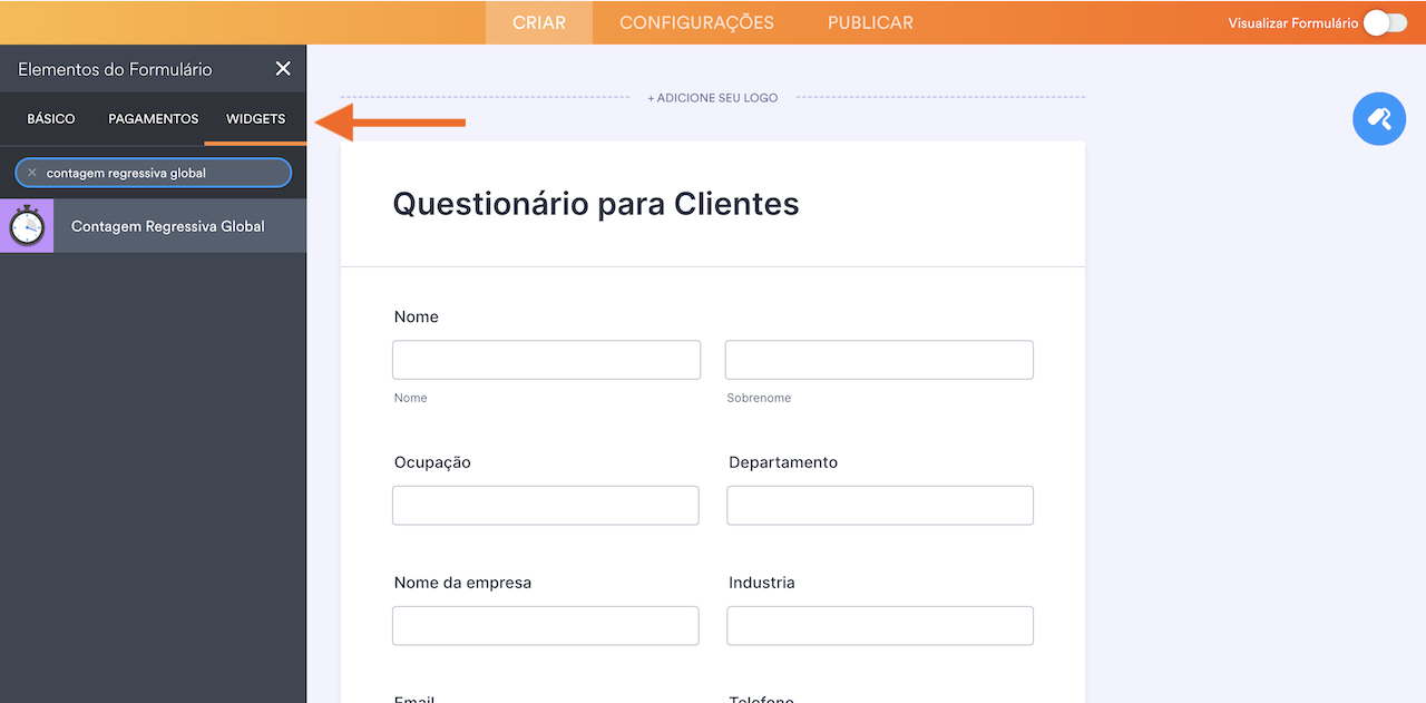 Captura de ecrã de uma lista de widgets disponíveis com o widget do Jotform "Contagem decrescente global" selecionado