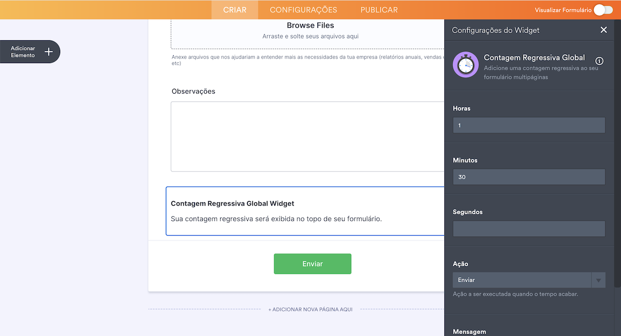 Captura de ecrã das definições do widget "Contagem decrescente global" no Jotform, com um campo de entrada para definir o limite de tempo
