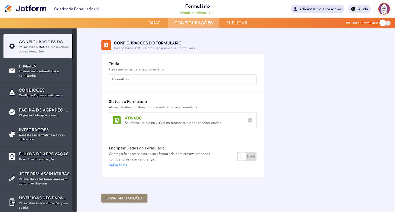 Captura de ecrã da interface do Jotform Form Buidler com a opção Definições do formulário realçada