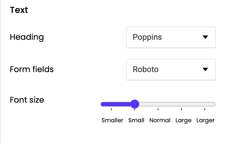 Captura de ecrã do menu de definições do Formfacade clicando no separador Tipos de letra