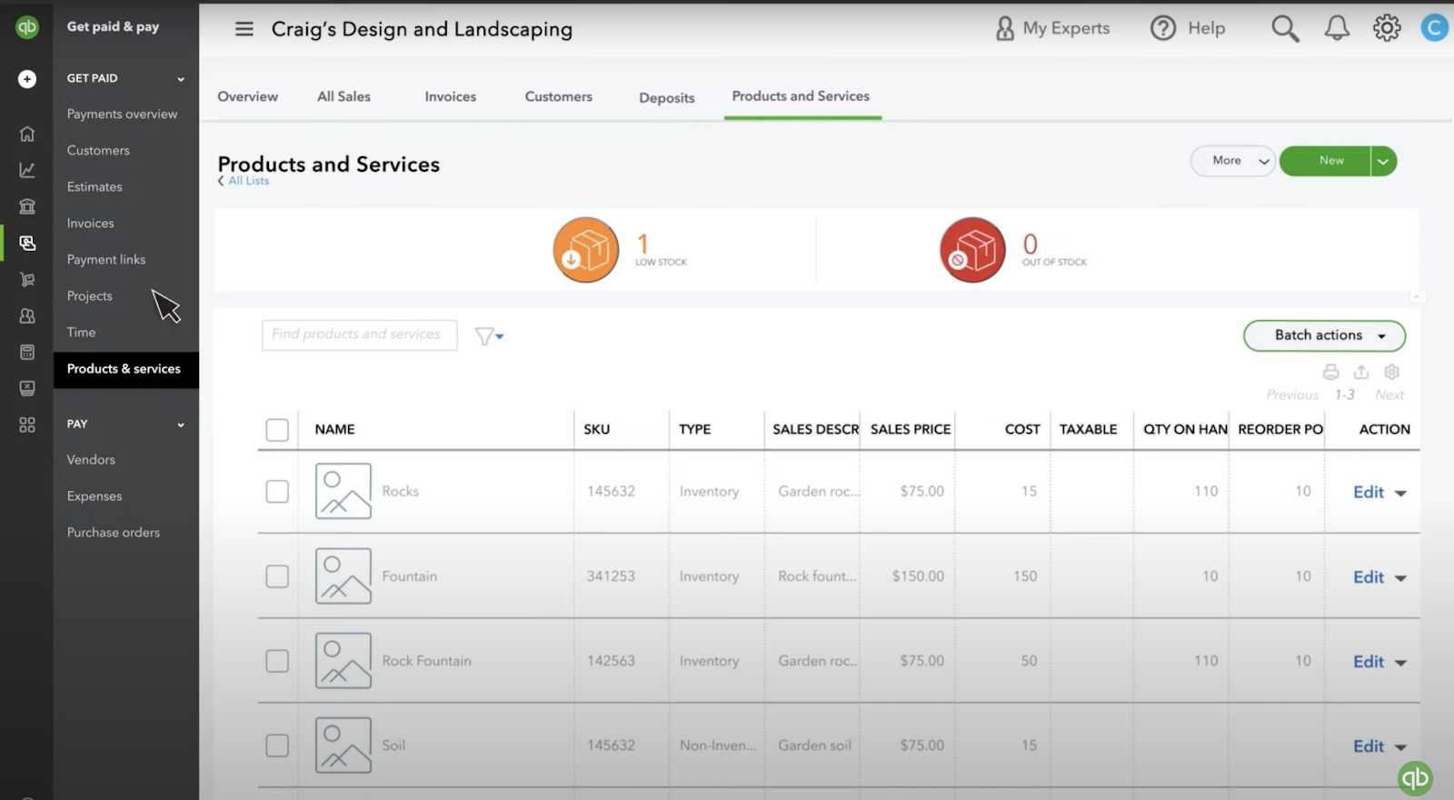 Benutzeroberfläche von QuickBooks Commerce