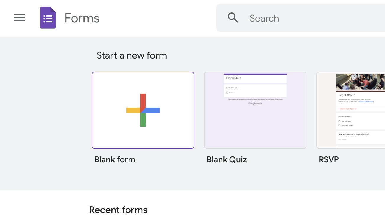 Tangkapan layar Google Forms yang menunjukkan opsi Formulir Kosong di bagian atas halaman
