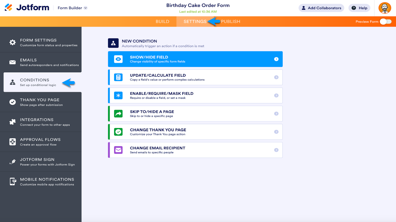 Screenshot of Jotform Form Builder clicking on Settings tab on the top menu, then Conditions on the left menu and selecting Show/Hide Field