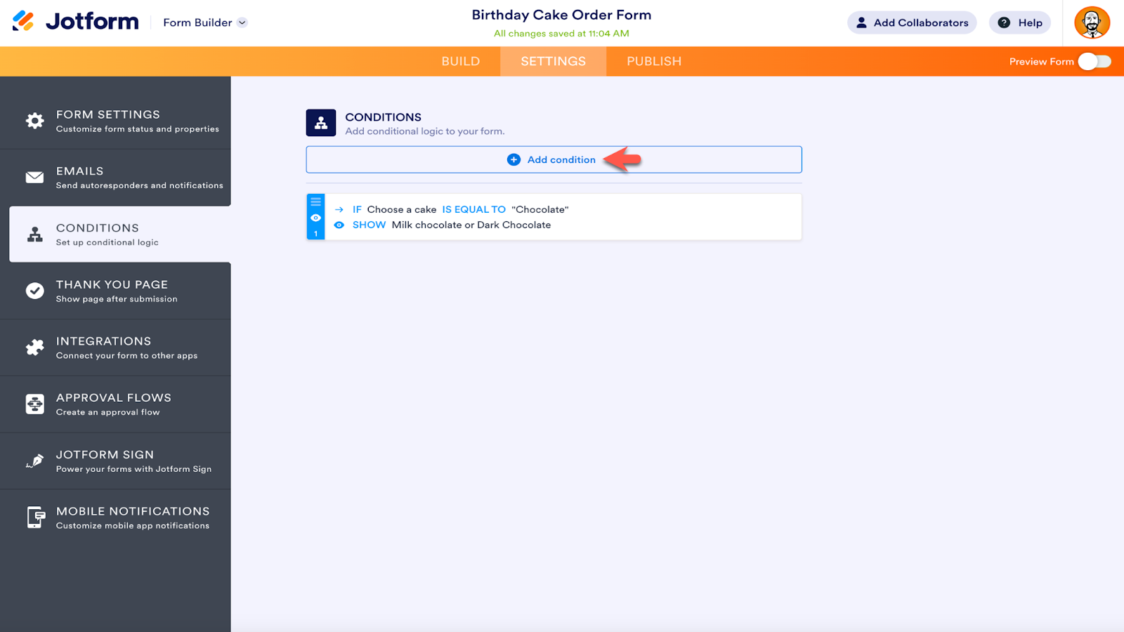 Screenshot of Jotform Form Builder viewing Conditions tab and clicking on "Add condition" button