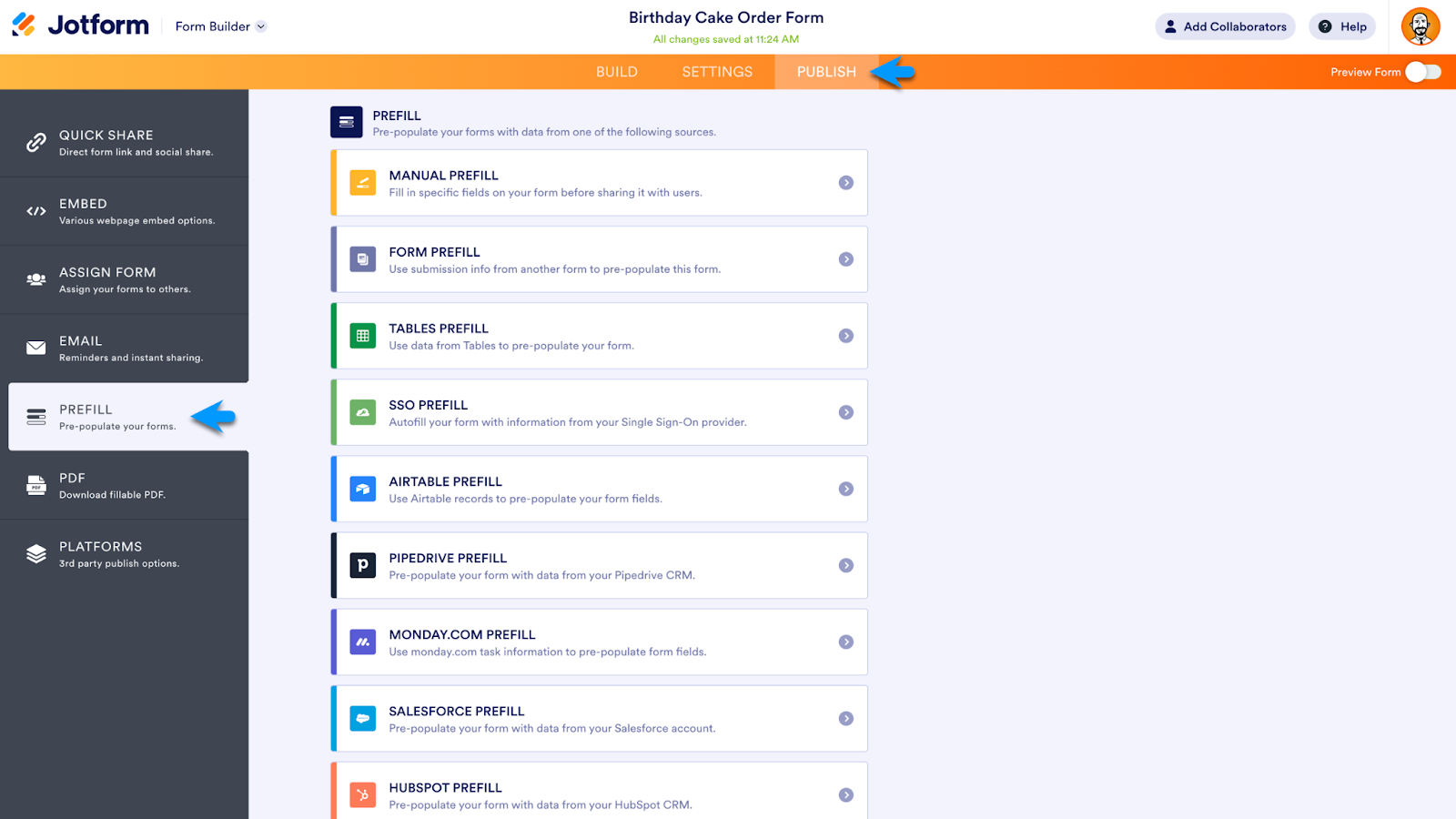 Screenshot of Jotform Form Builder clicking on the Publish tab on the top menu and then Prefill option
