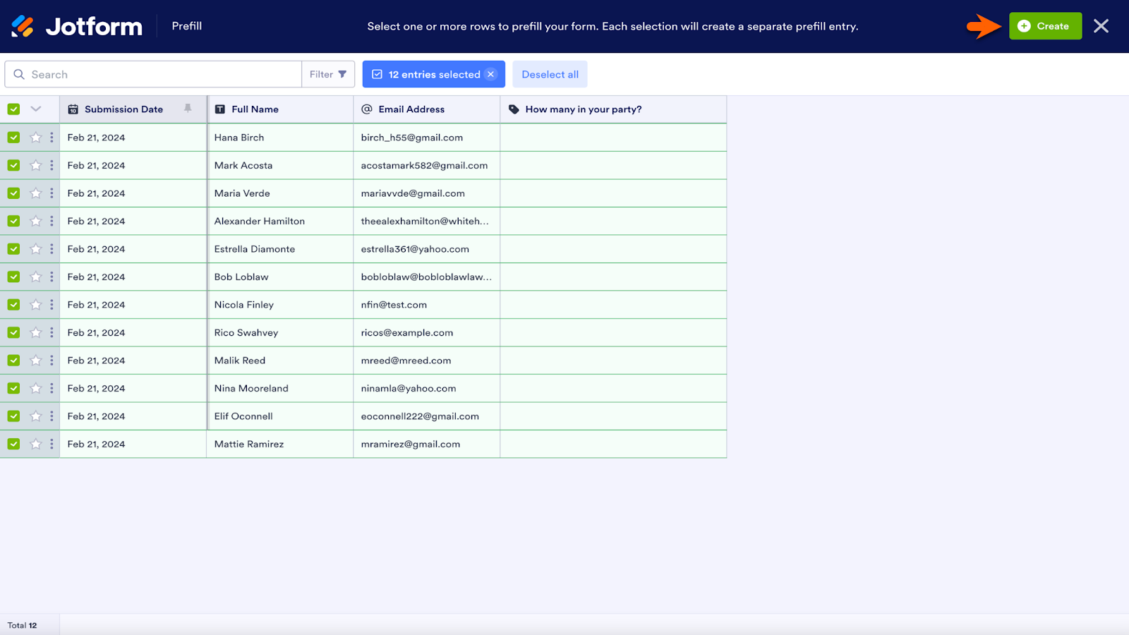 Screenshot of the form submissions in a Jotform Table to be added to form prefill, selecting the submisisons then clicking on "Create" button