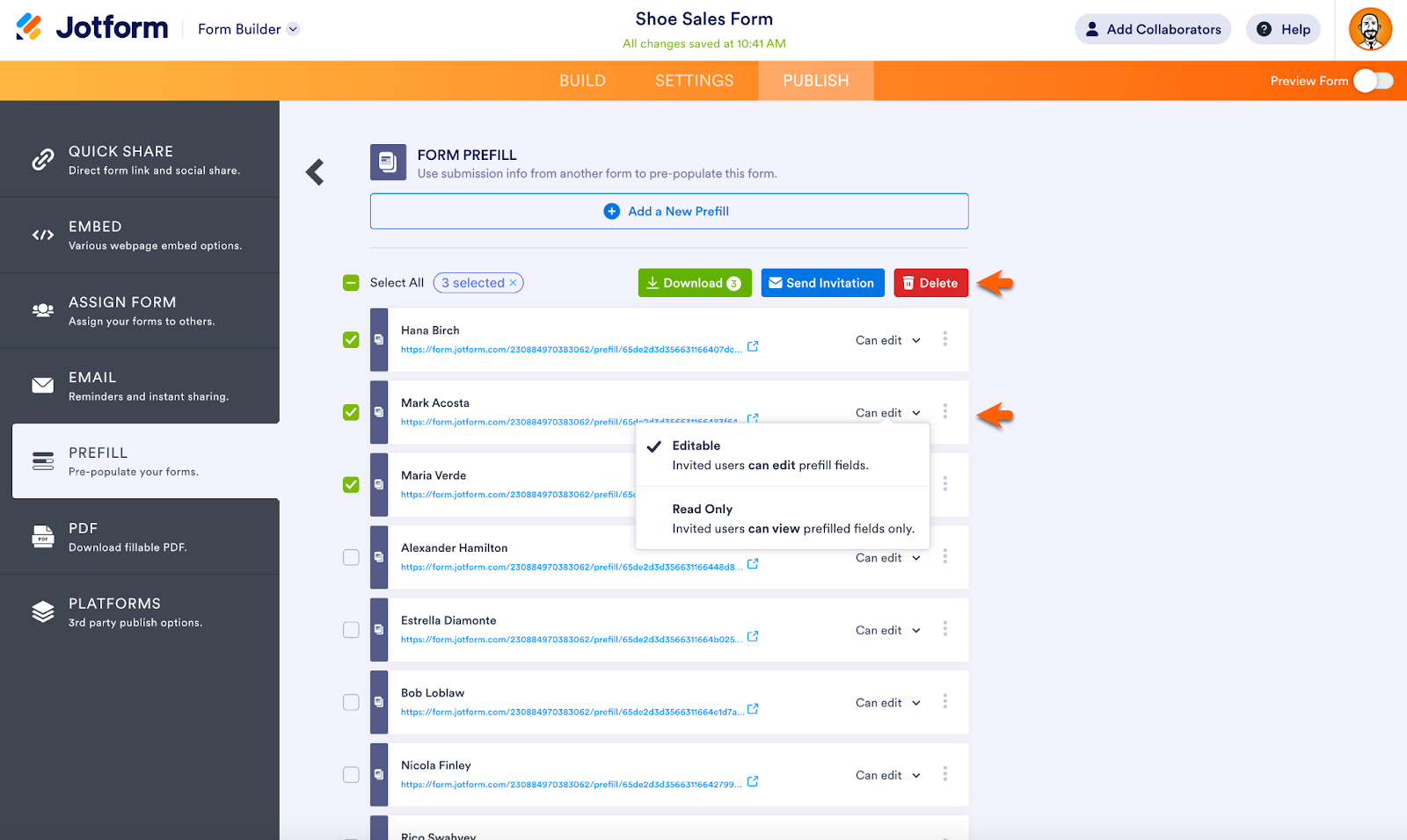 Screenshot fo Jotform Form Builder Form Prefill page clicking on "Select All" and viewing Download, Send invitation and Delete options