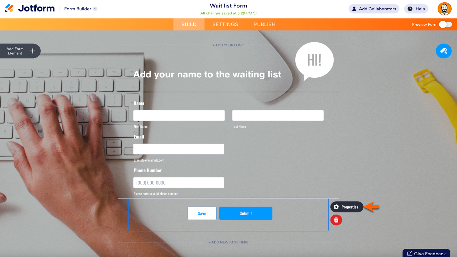 Screenshot of Jotform Form Builder clicking on "Properties" to open Submit button Properties