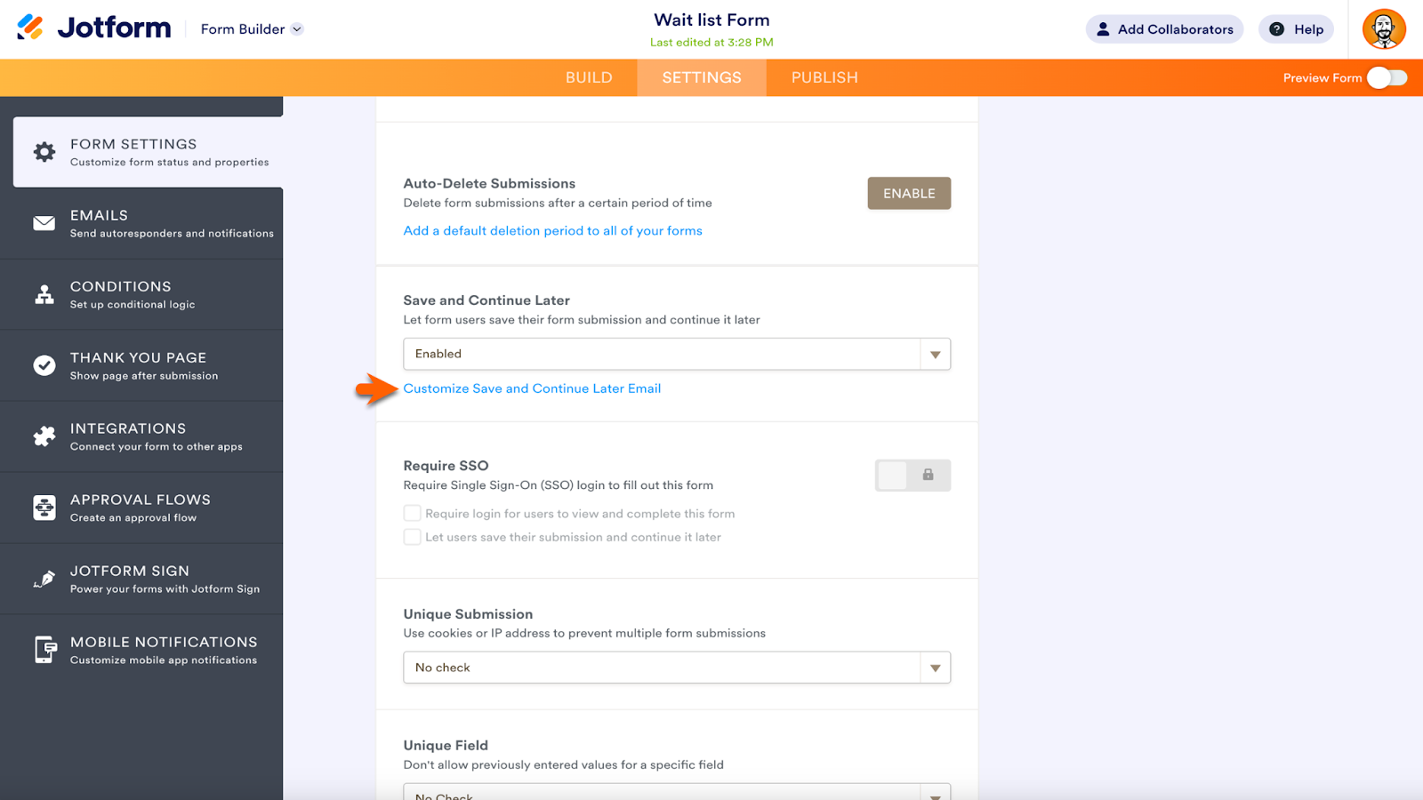 Screenshot of Jotform Form Builder viewing Form Settings Page and clicking on "Customize Save and Continue Later Email"